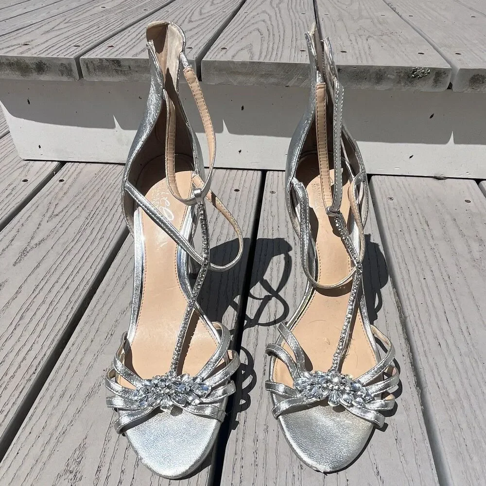 Jewel Badgley Mischka Silver Strappy Crystal Open Toe Stiletto Zip Heel US 10